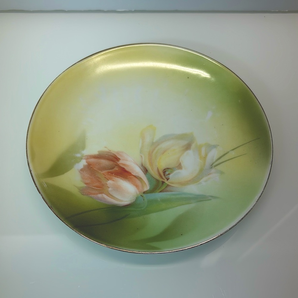 Vintage Ceramic Plate Hand Painted Tulips Germany - pastel colors